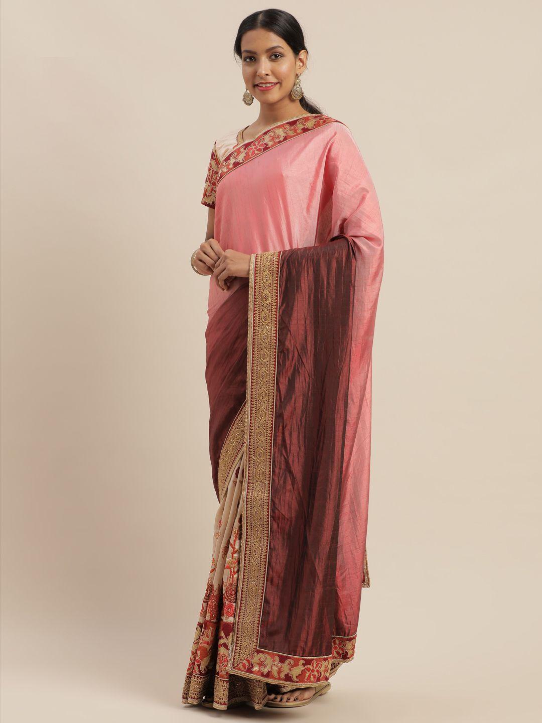 mitera pink & brown silk blend embroidered half and half saree