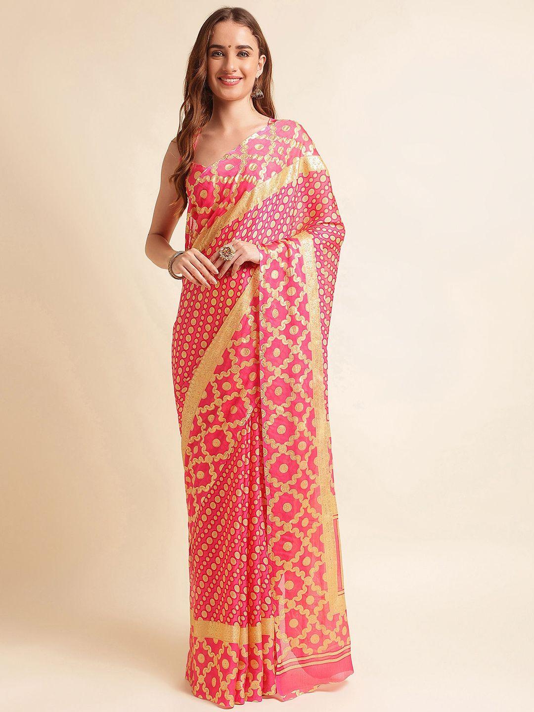 mitera pink & cream-coloured floral printed pure chiffon saree