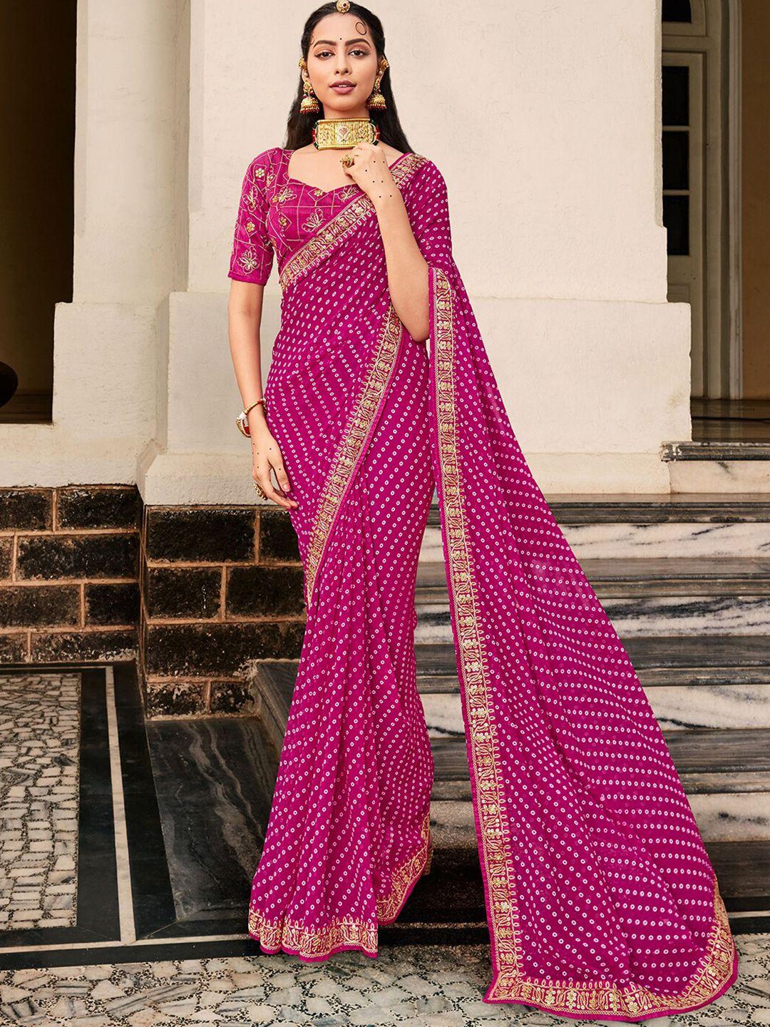 mitera pink & gold-toned bandhani printed embroidered saree