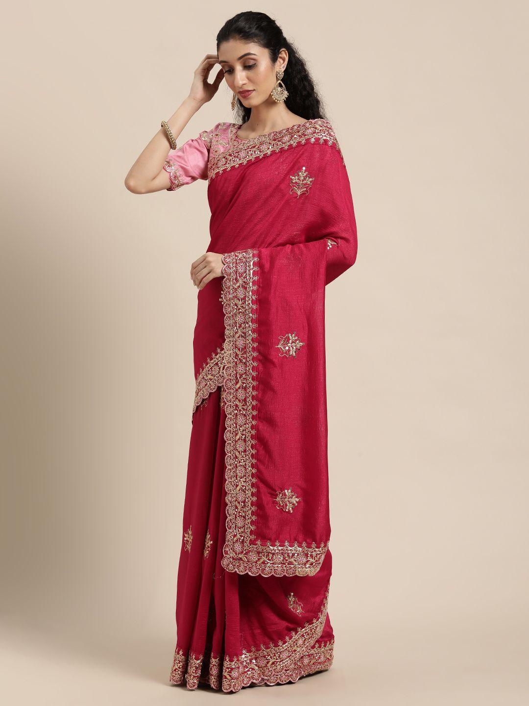 mitera pink & gold-toned ethnic motifs embroidered silk blend saree