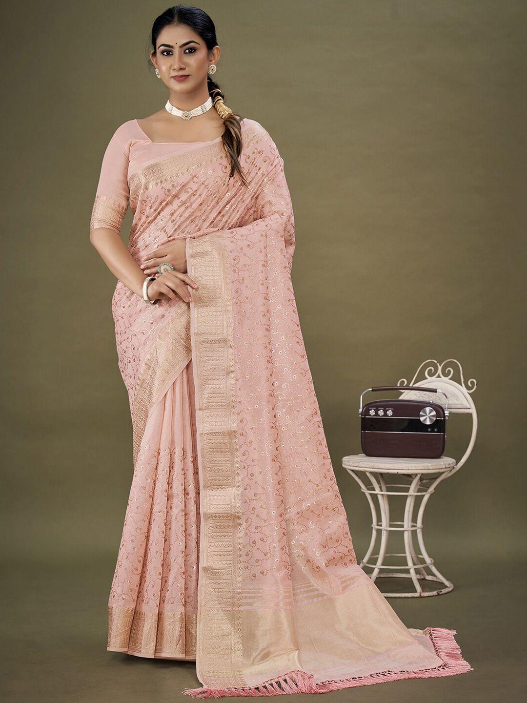 mitera pink & gold-toned ethnic motifs embroidered zari organza saree