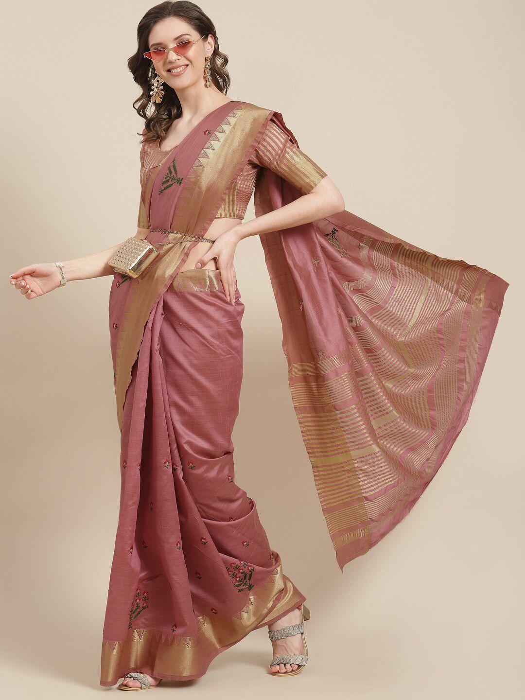 mitera pink & gold-toned ethnic motifs embroidered zari silk cotton banarasi saree