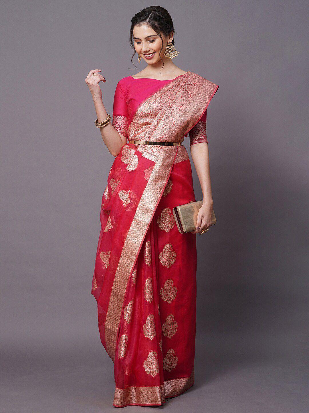 mitera pink & gold-toned ethnic motifs organza banarasi saree