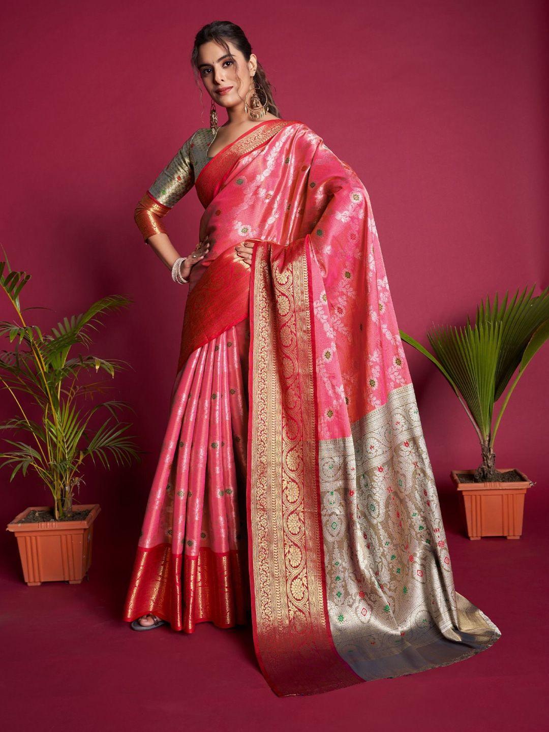 mitera pink & gold-toned ethnic motifs woven design zari kanjeevaram saree