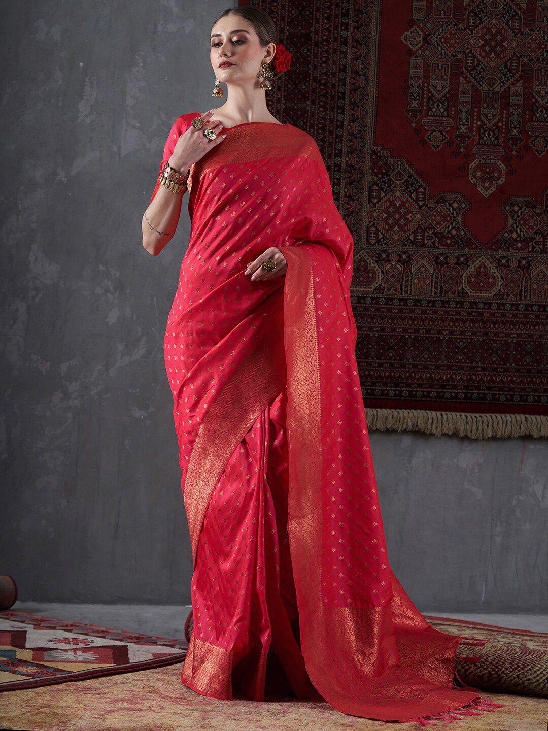 mitera pink & gold-toned ethnic motifs woven design zari silk blend banarasi saree