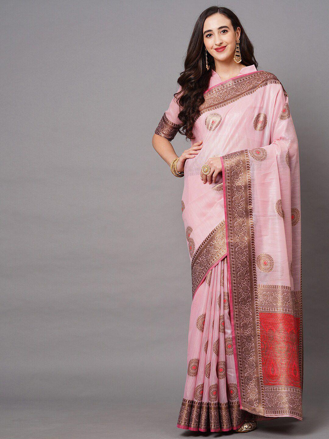 mitera pink & gold-toned ethnic motifs zari banarasi saree