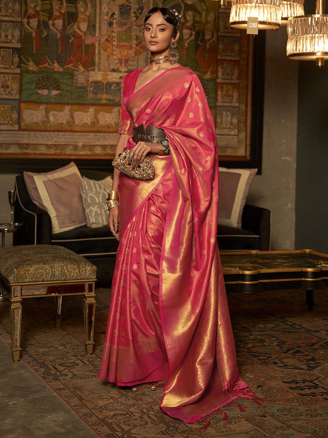 mitera pink & gold-toned ethnic motifs zari silk blend bagru saree