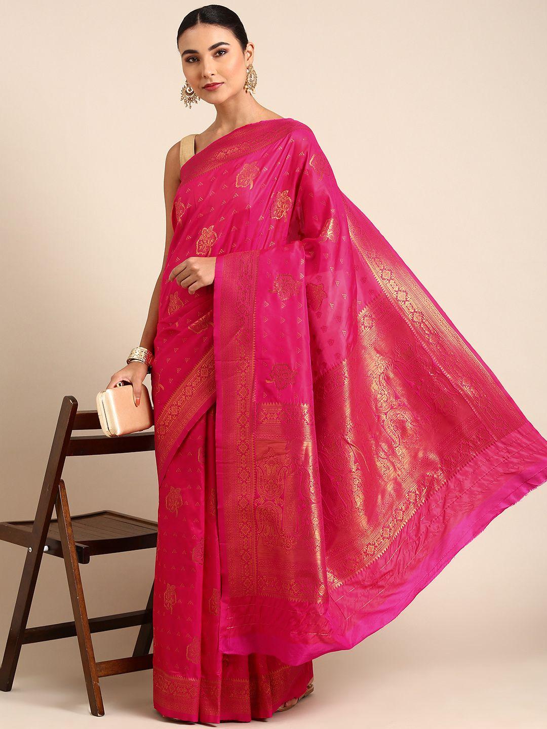 mitera pink & gold-toned ethnic motifs zari silk blend banarasi saree