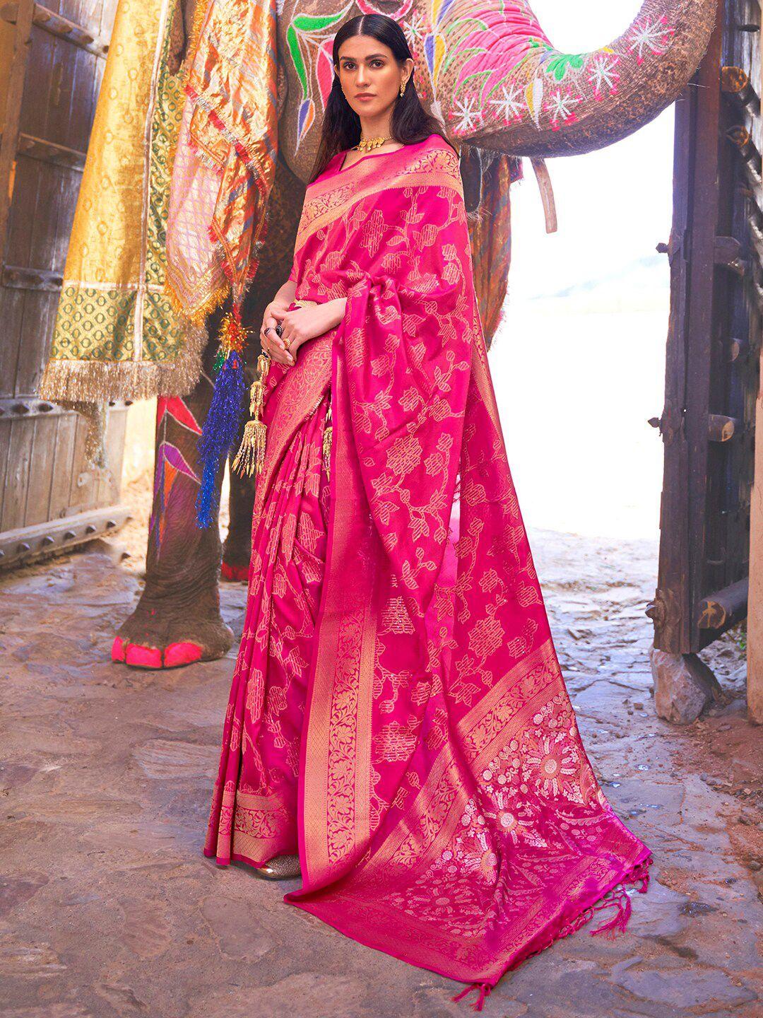 mitera pink & gold-toned ethnic motifs zari silk blend banarasi saree