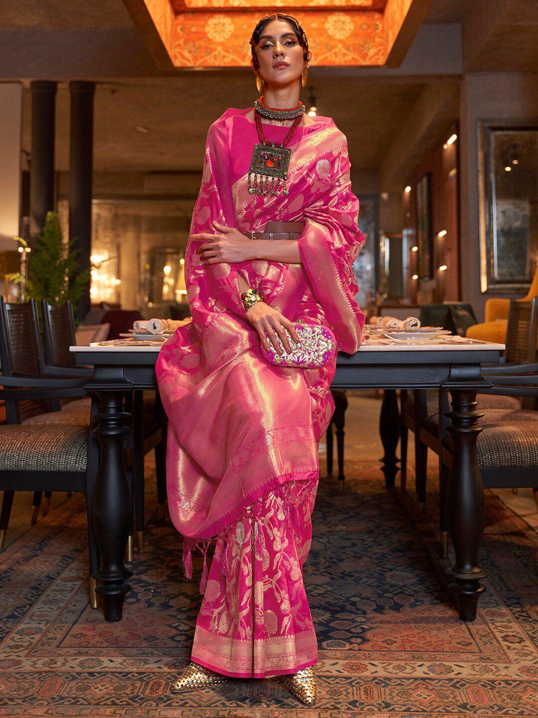 mitera pink & gold-toned ethnic motifs zari silk blend banarasi saree