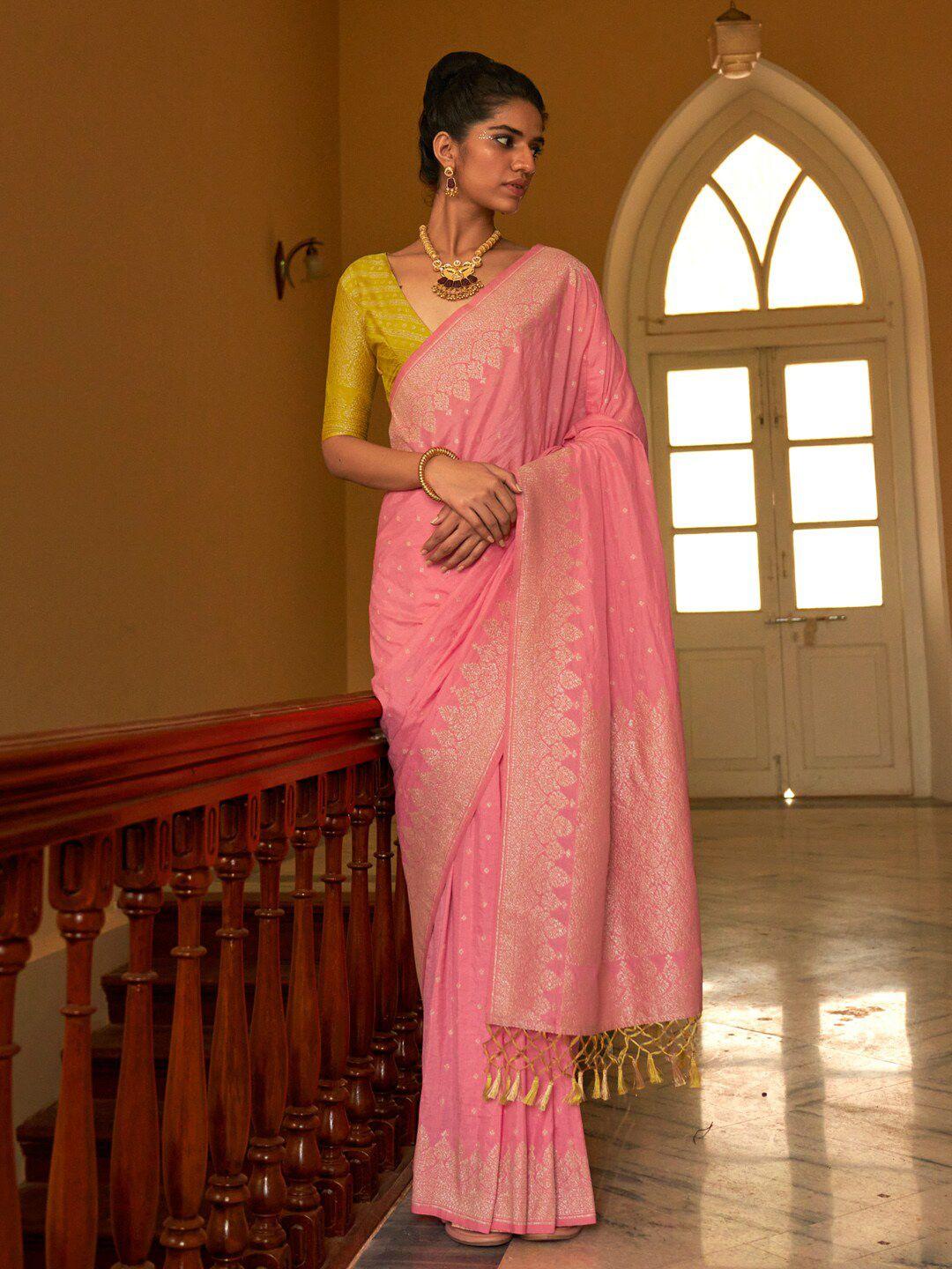 mitera pink & gold-toned ethnic motifs zari silk blend banarasi saree