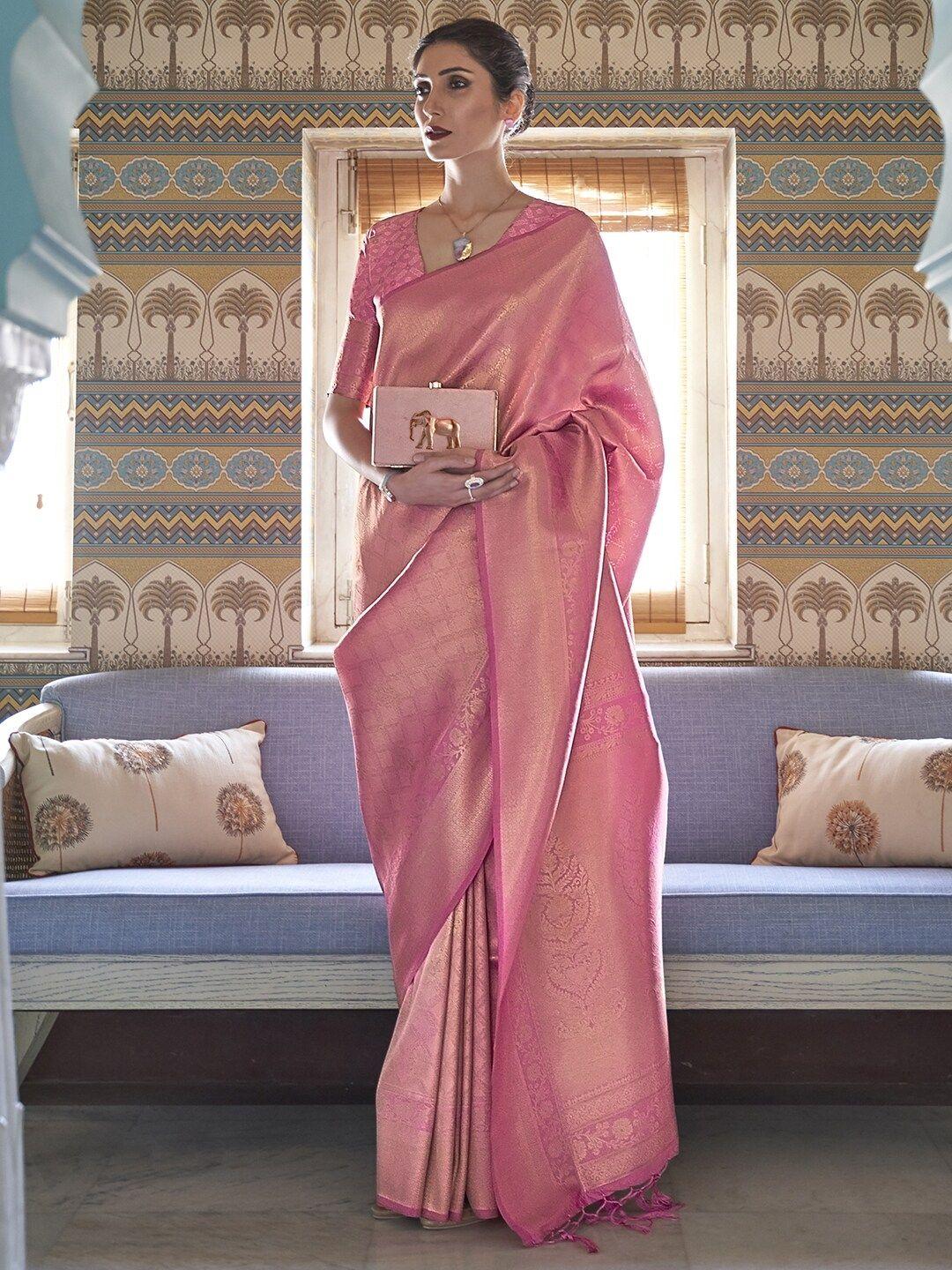 mitera pink & gold-toned ethnic motifs zari silk blend kanjeevaram saree