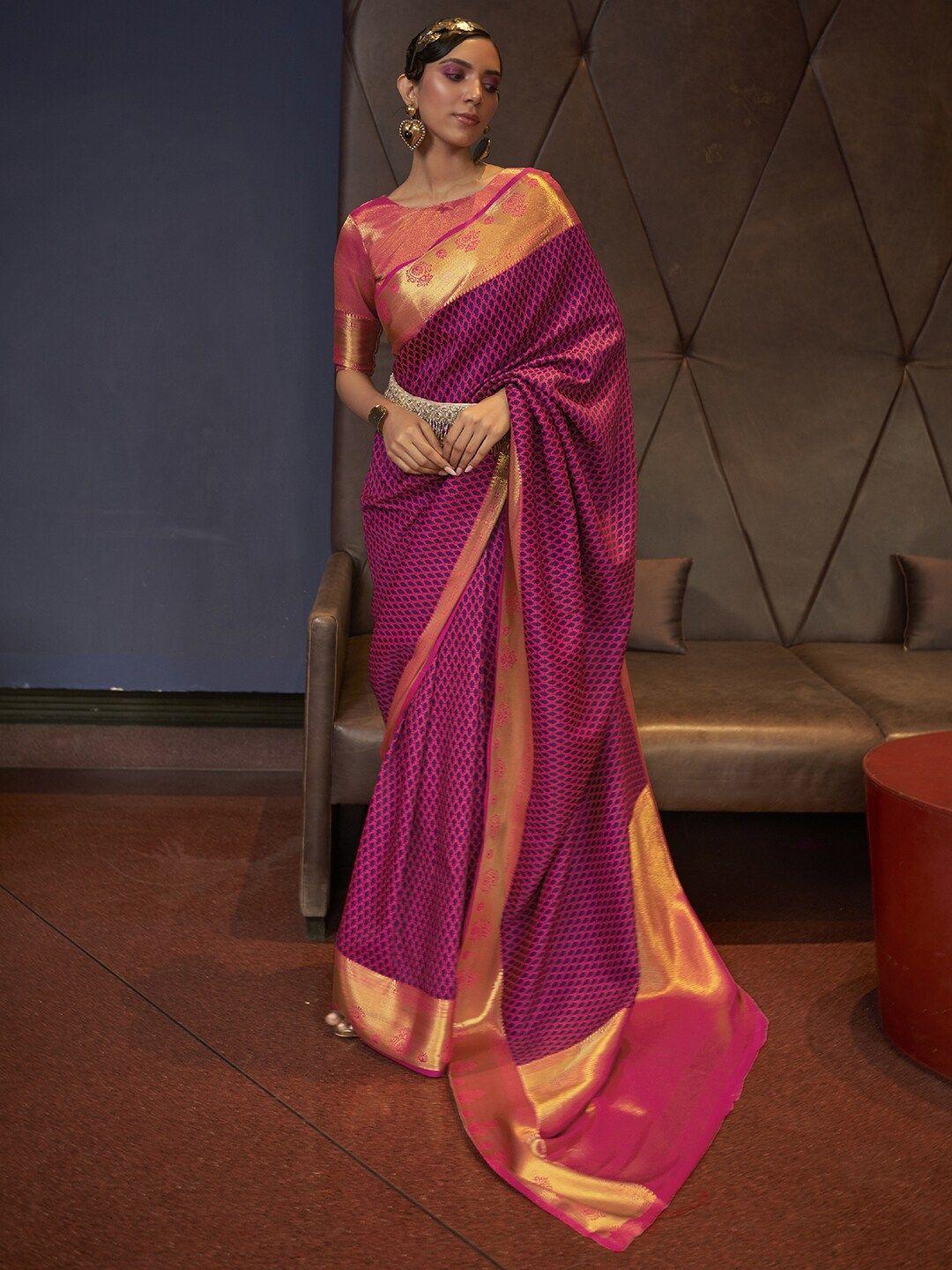 mitera pink & gold-toned ethnic motifs zari silk blend kanjeevaram saree