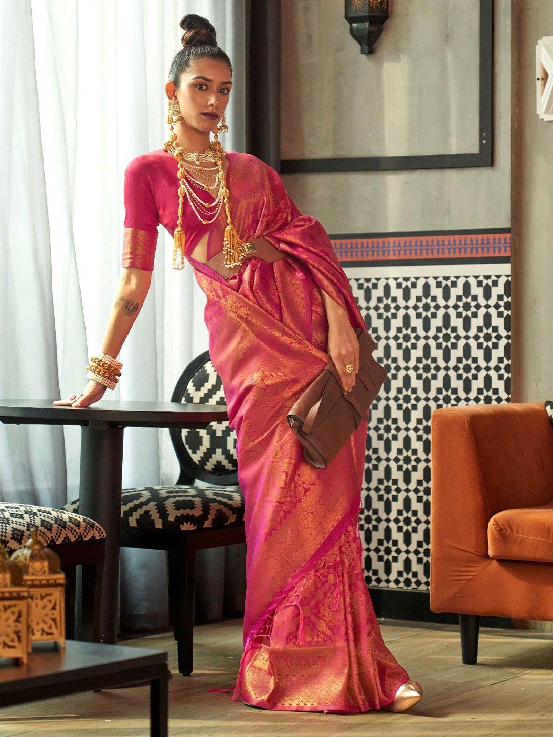 mitera pink & gold-toned floral woven design zari kanjeevaram saree