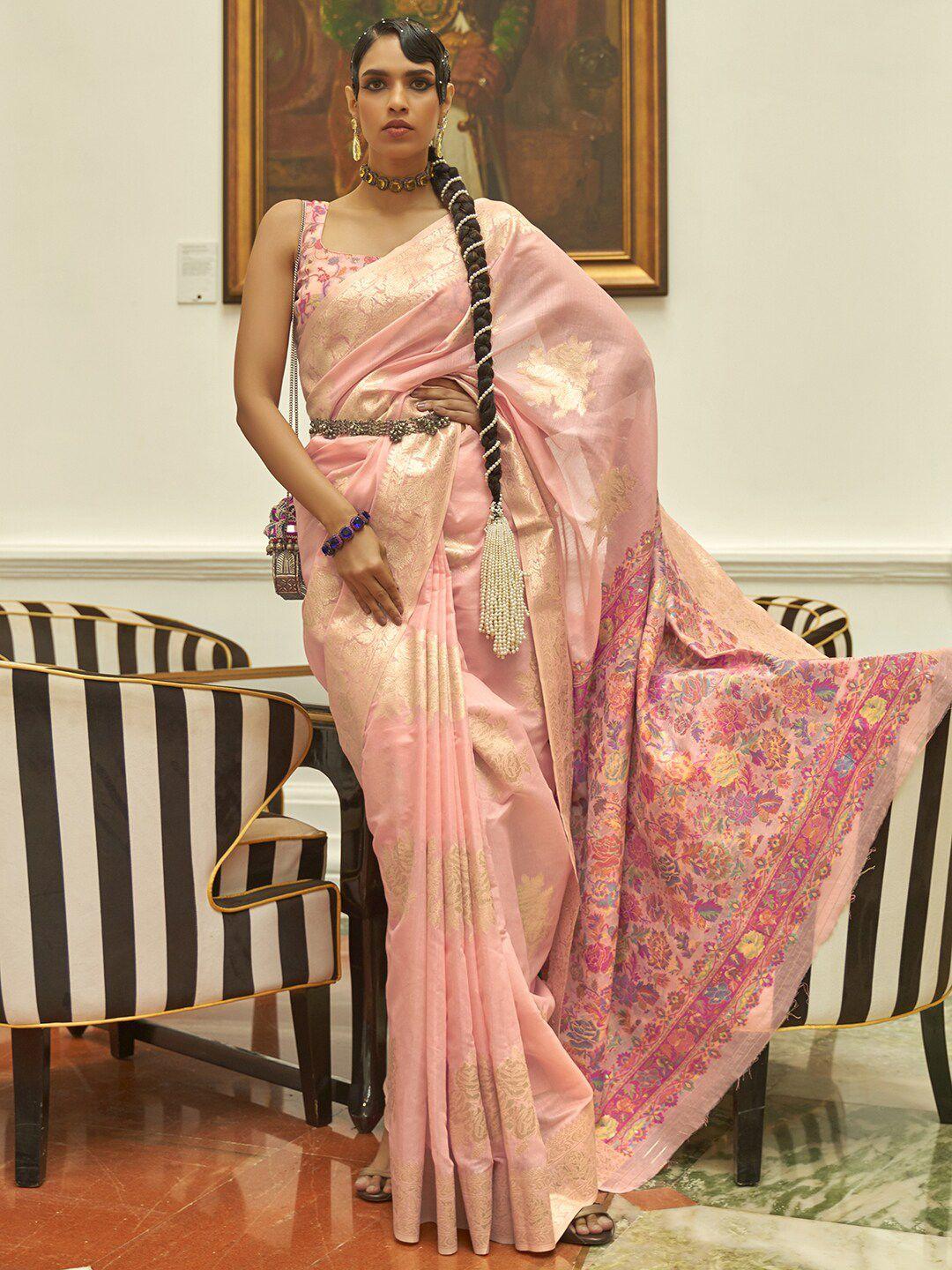 mitera pink & gold-toned floral zari silk blend bagru saree