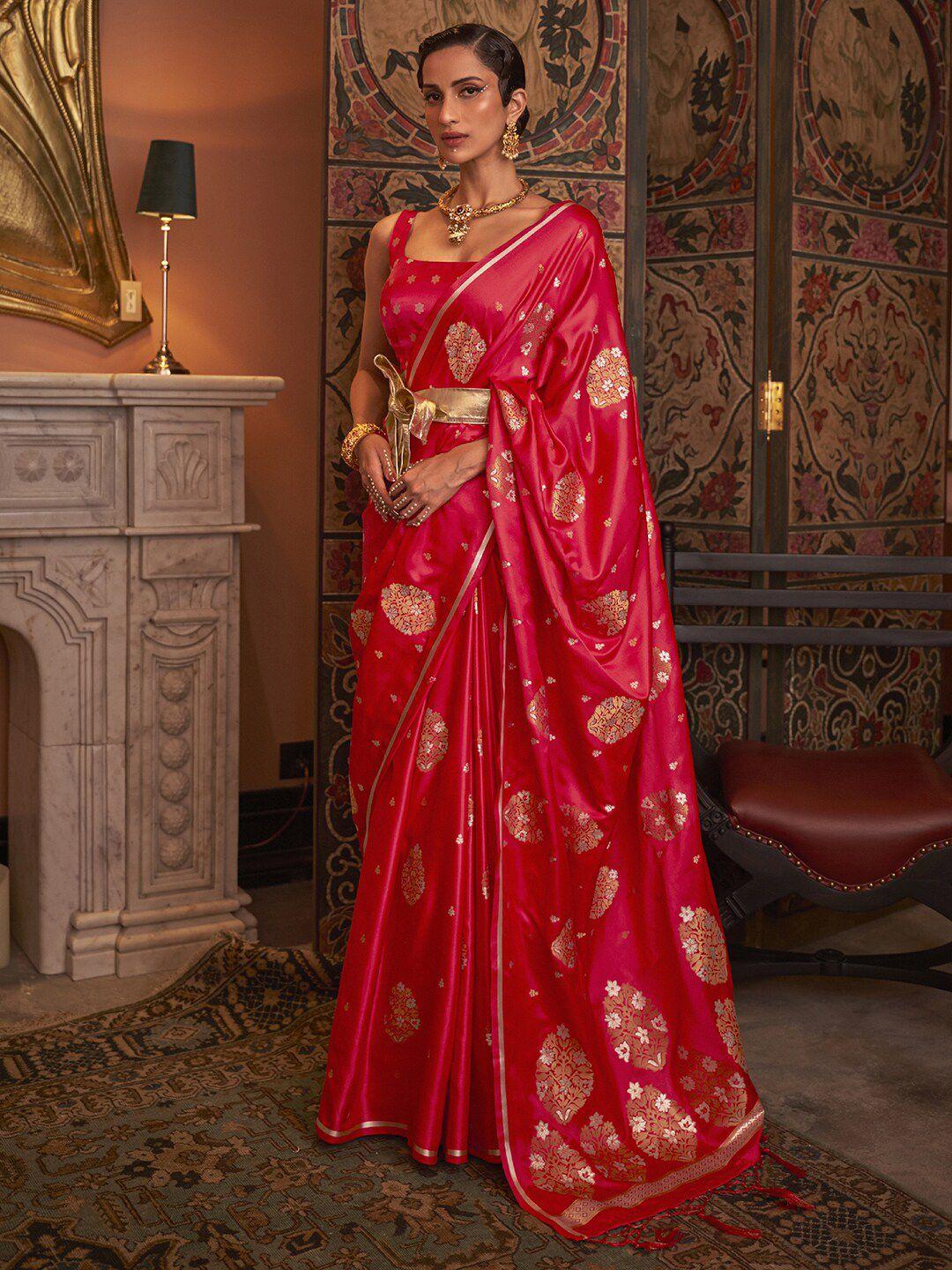 mitera pink & gold-toned floral zari silk blend banarasi saree