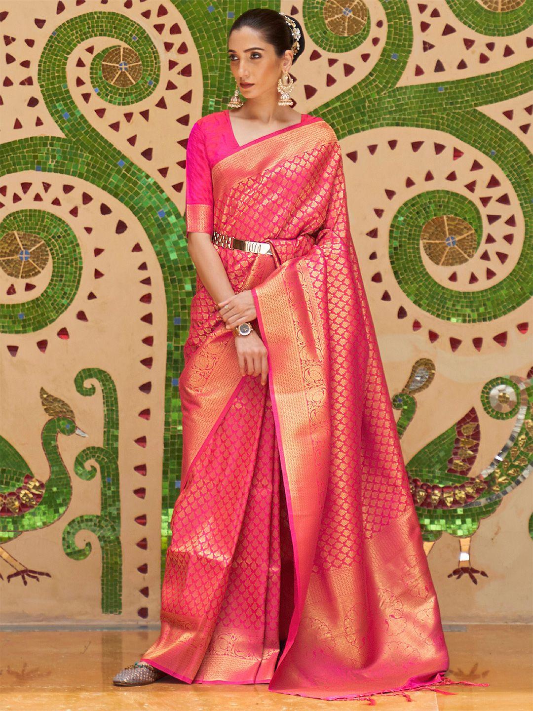 mitera pink & gold-toned floral zari silk blend banarasi saree