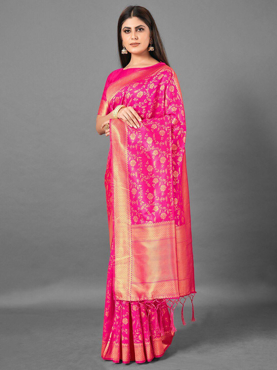 mitera pink & gold-toned floral zari silk blend banarasi saree