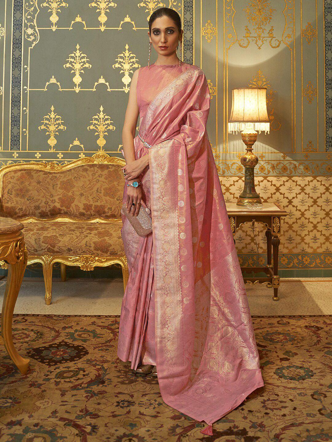 mitera pink & gold-toned floral zari silk blend banarasi saree
