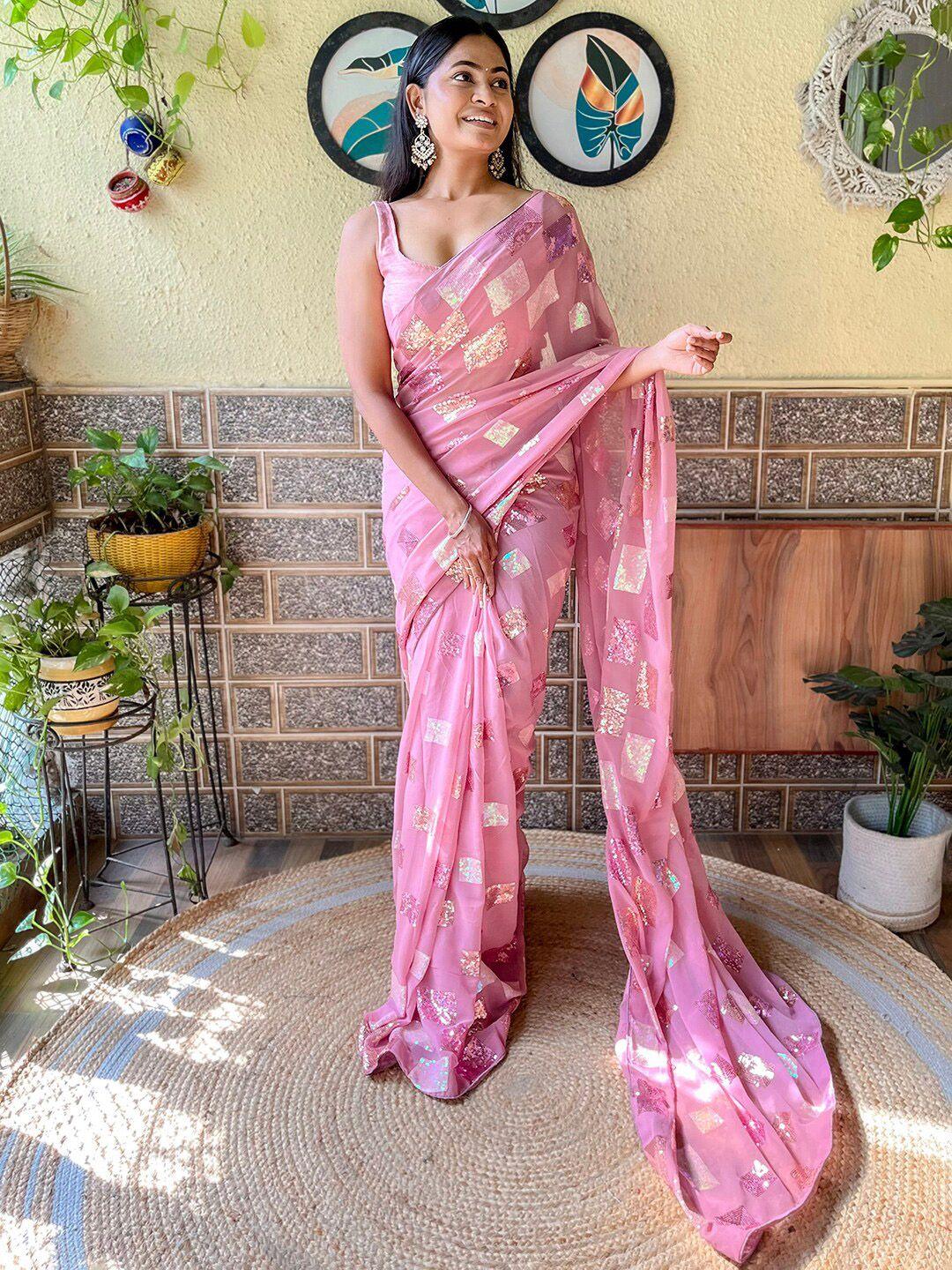 mitera pink & gold-toned geometric embellished sequinned saree