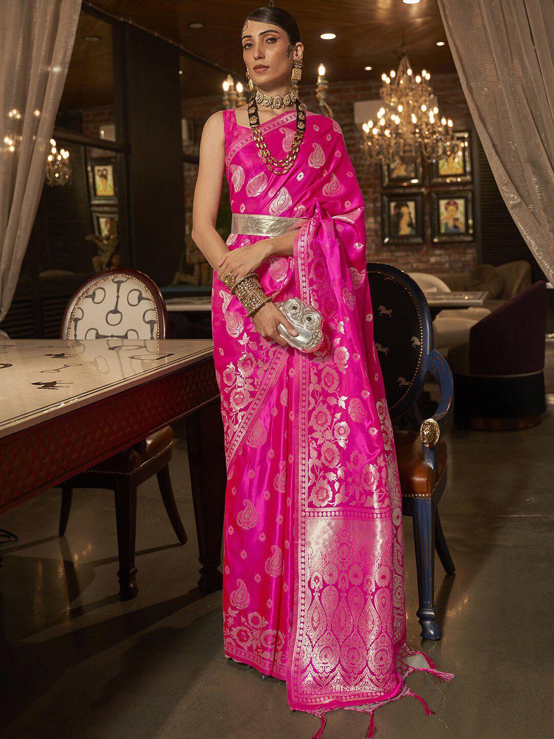 mitera pink & gold-toned paisley zari silk blend banarasi saree