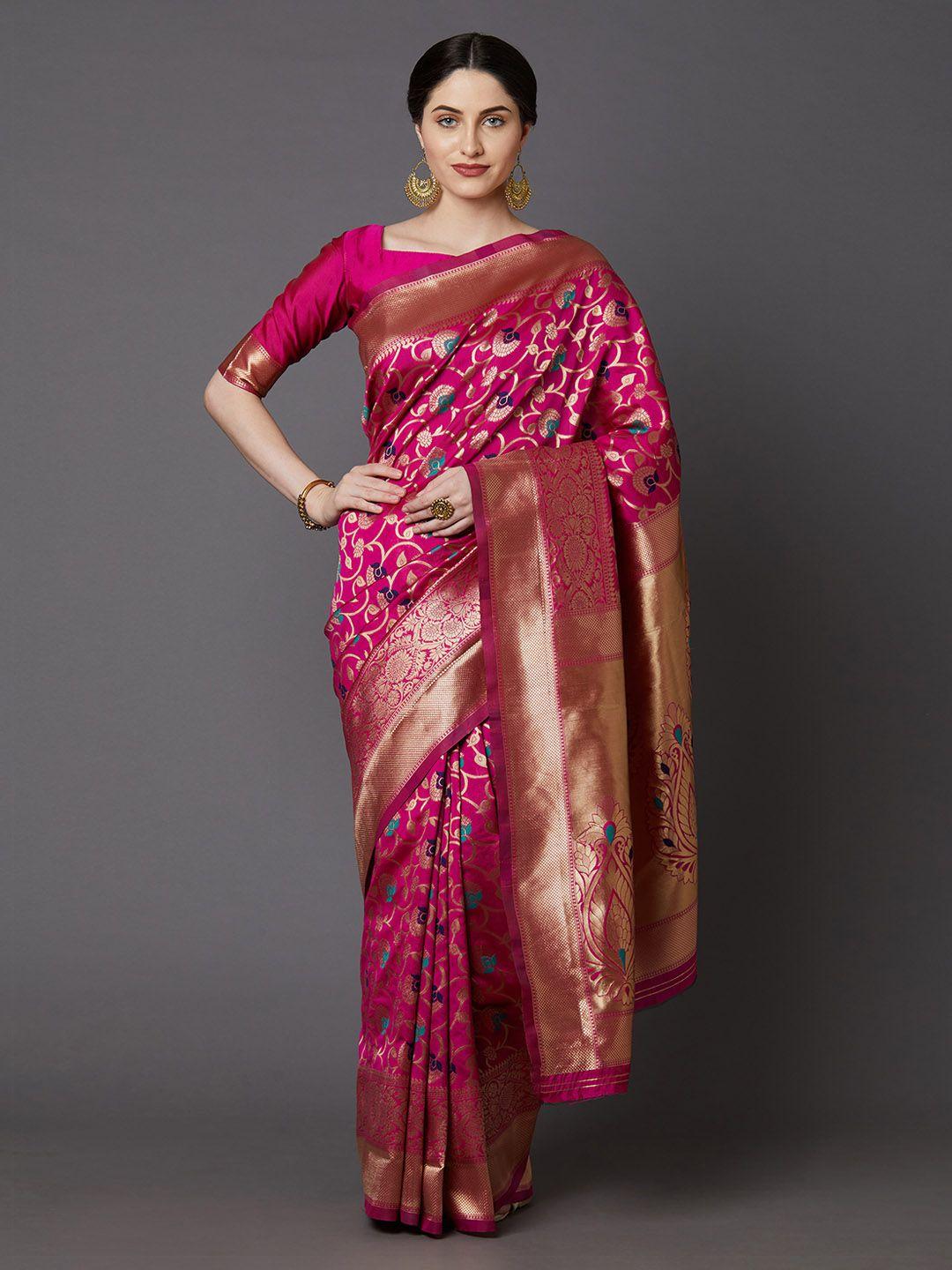 mitera pink & gold-toned silk blend woven design banarasi saree