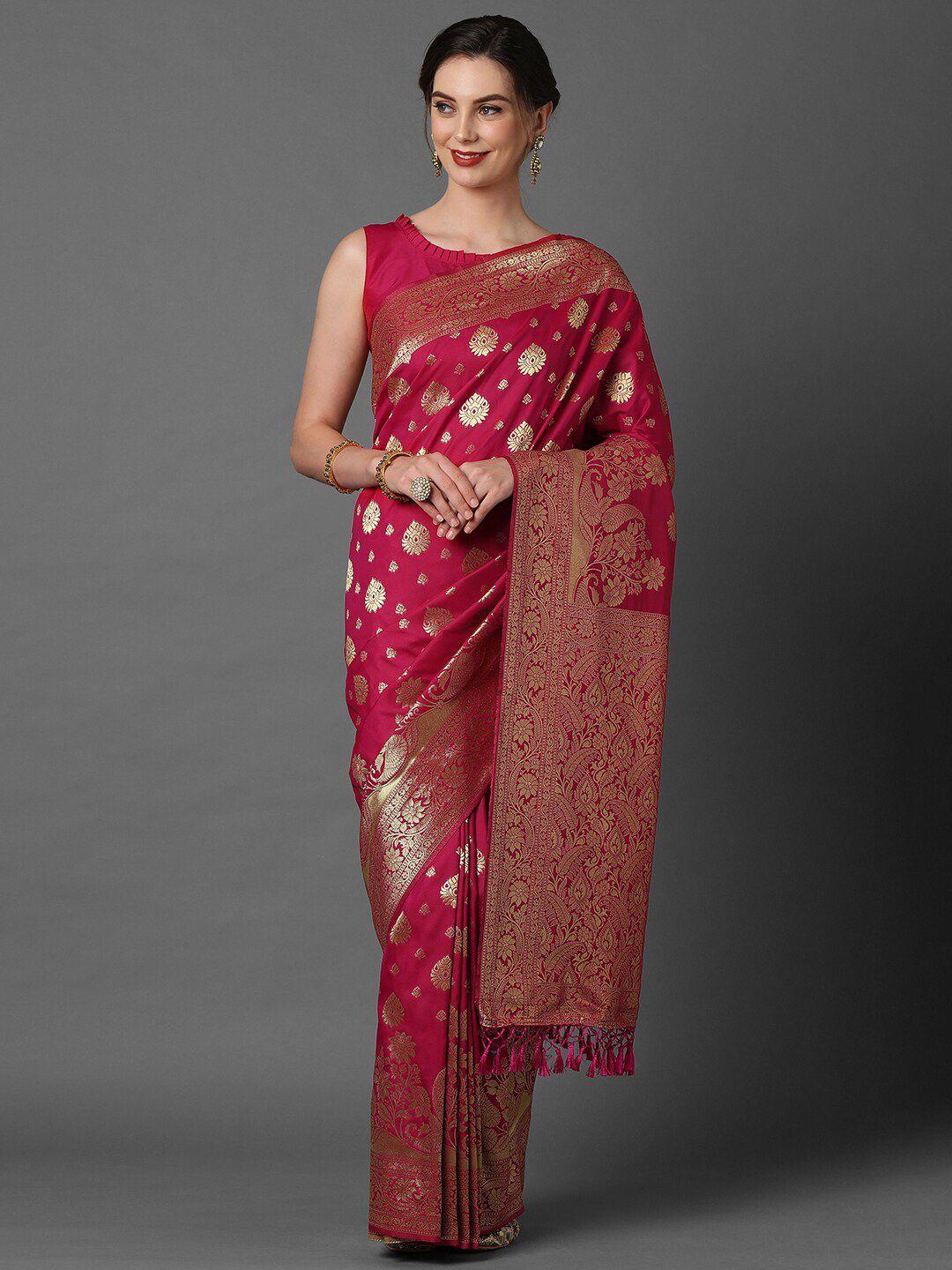 mitera pink & gold-toned woven design silk blend banarasi saree