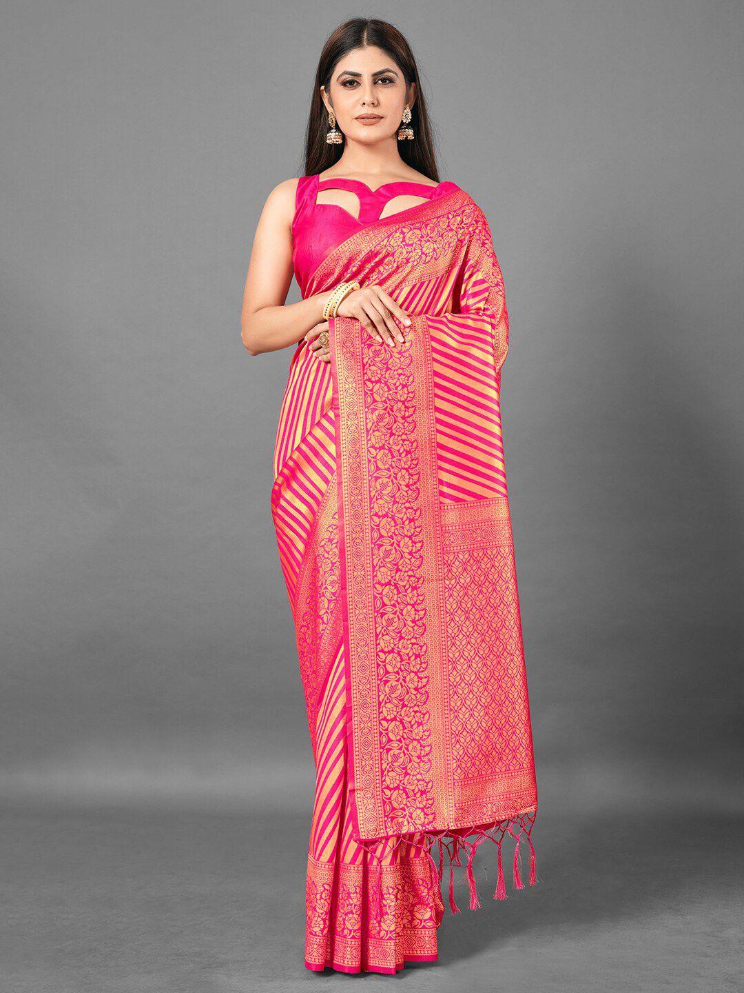 mitera pink & gold-toned woven design zari silk blend banarasi saree