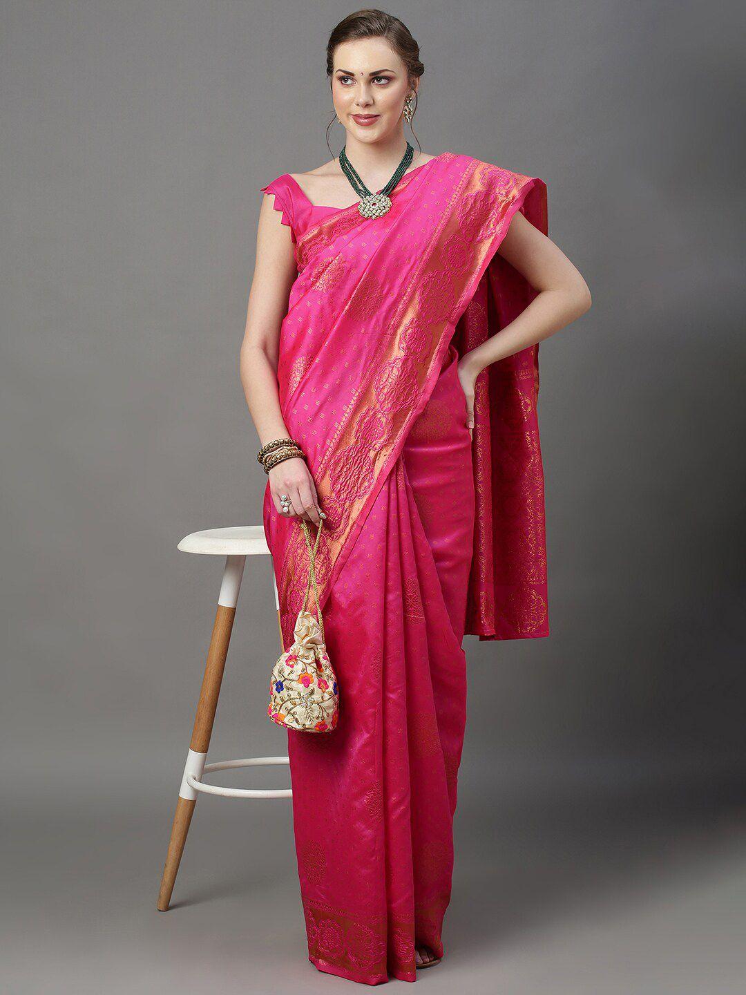 mitera pink & gold-toned woven design zari silk blend saree