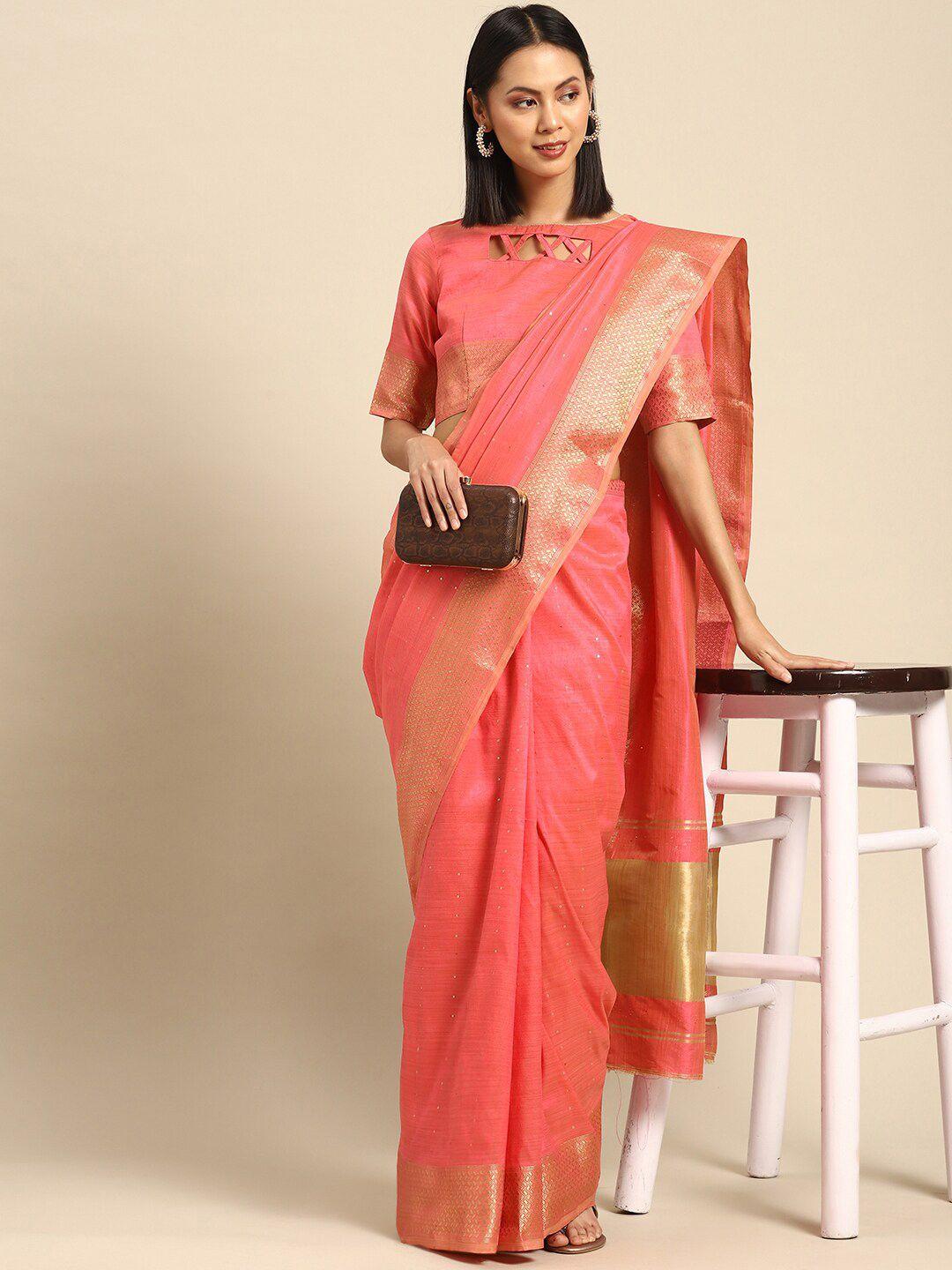 mitera pink & gold-toned woven design zari silk cotton saree