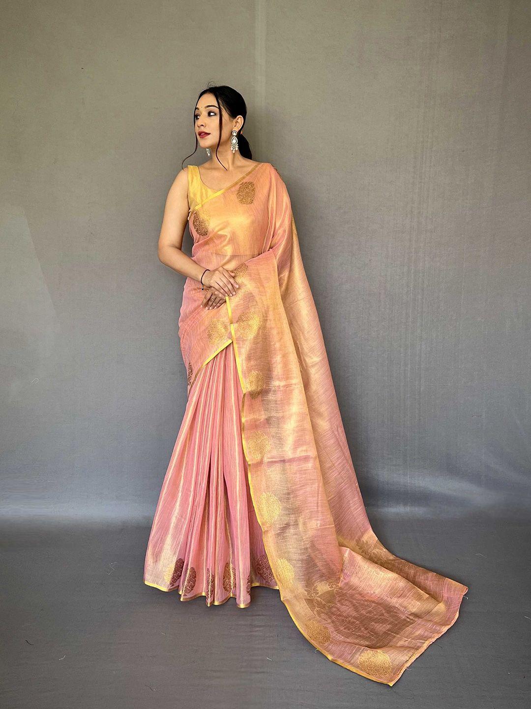 mitera pink & gold-toned woven design zari tissue saree