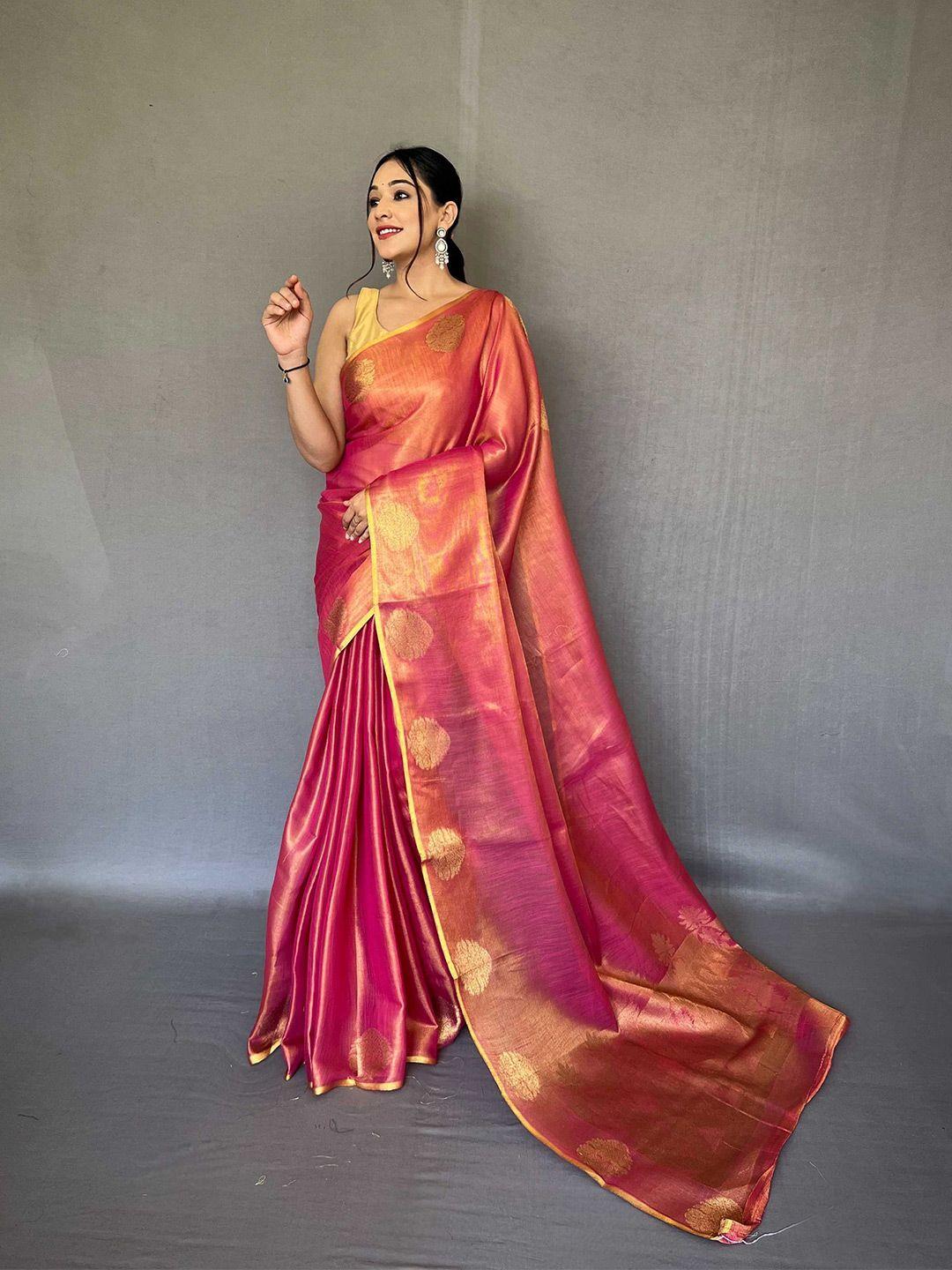 mitera pink & gold-toned woven design zari tissue saree