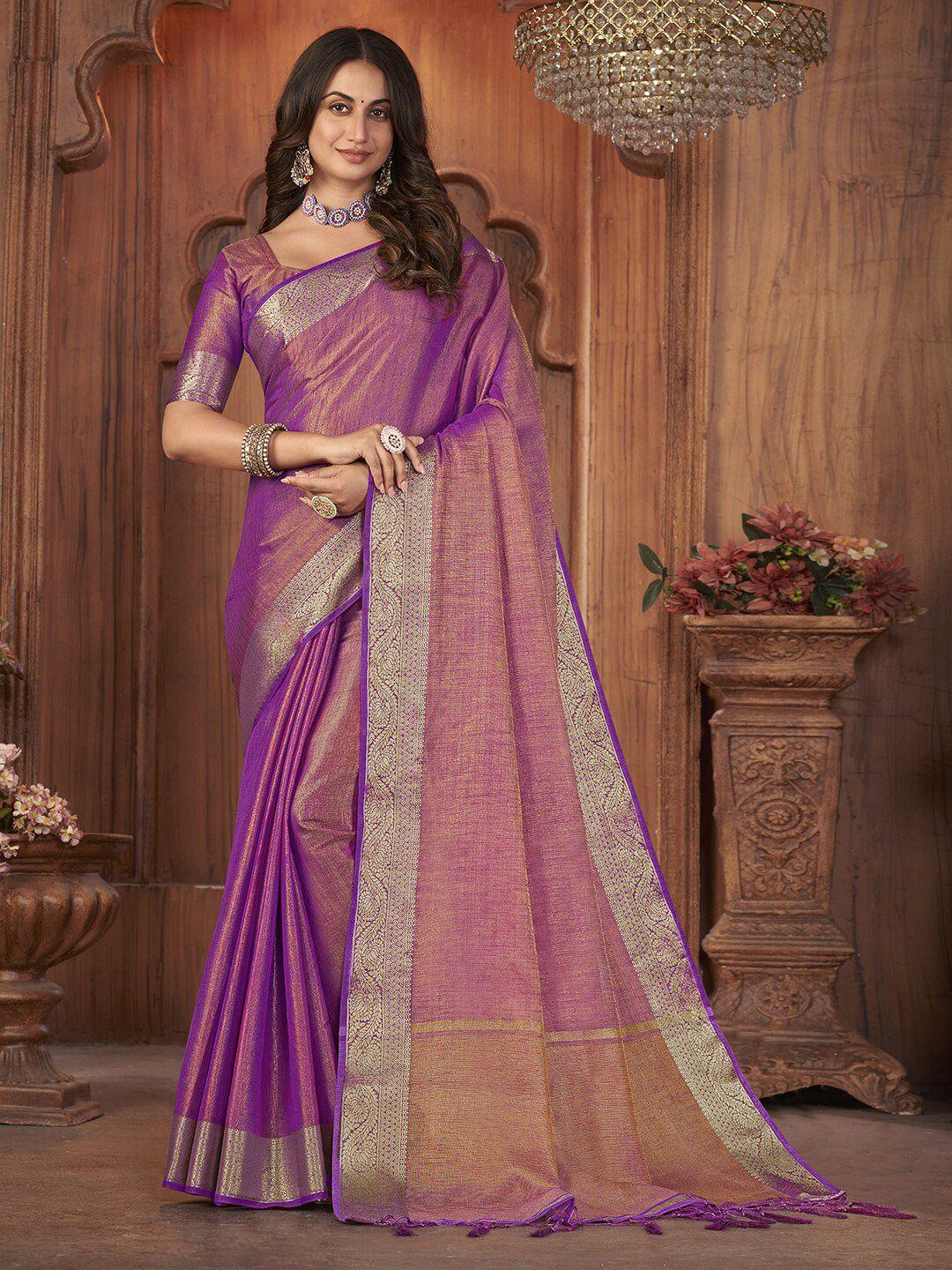 mitera pink & gold-toned woven design zari tissue saree