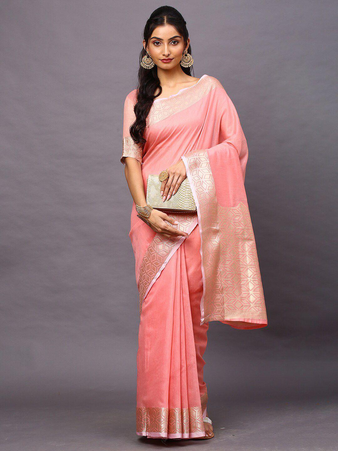 mitera pink & gold-toned zari linen blend taant saree