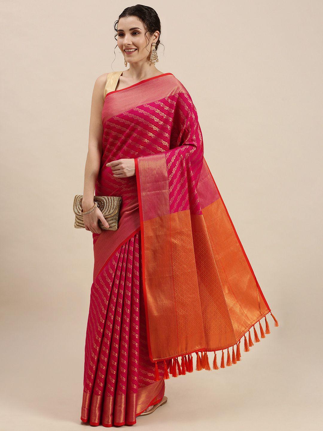 mitera pink & golden ethnic motifs silk blend saree