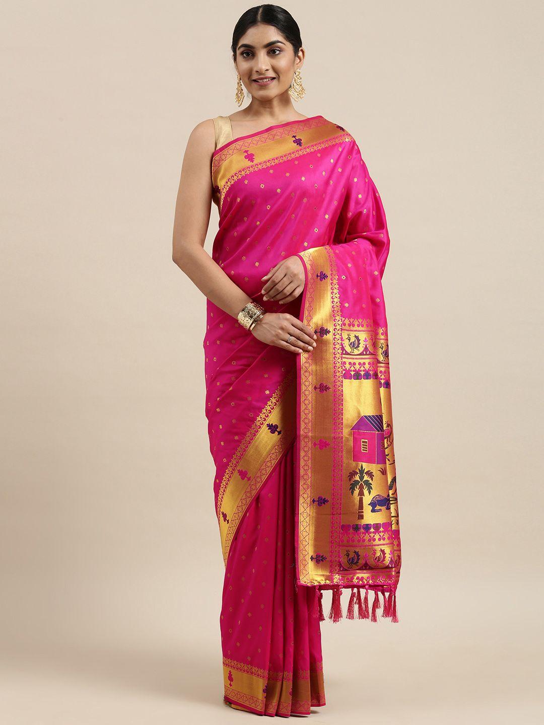 mitera pink & golden ethnic woven design zari paithani silk saree