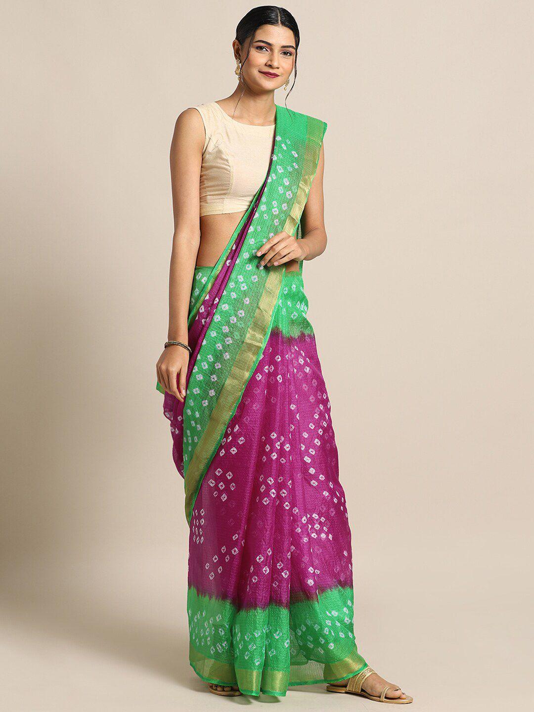 mitera pink & green bandhani silk cotton bandhani saree