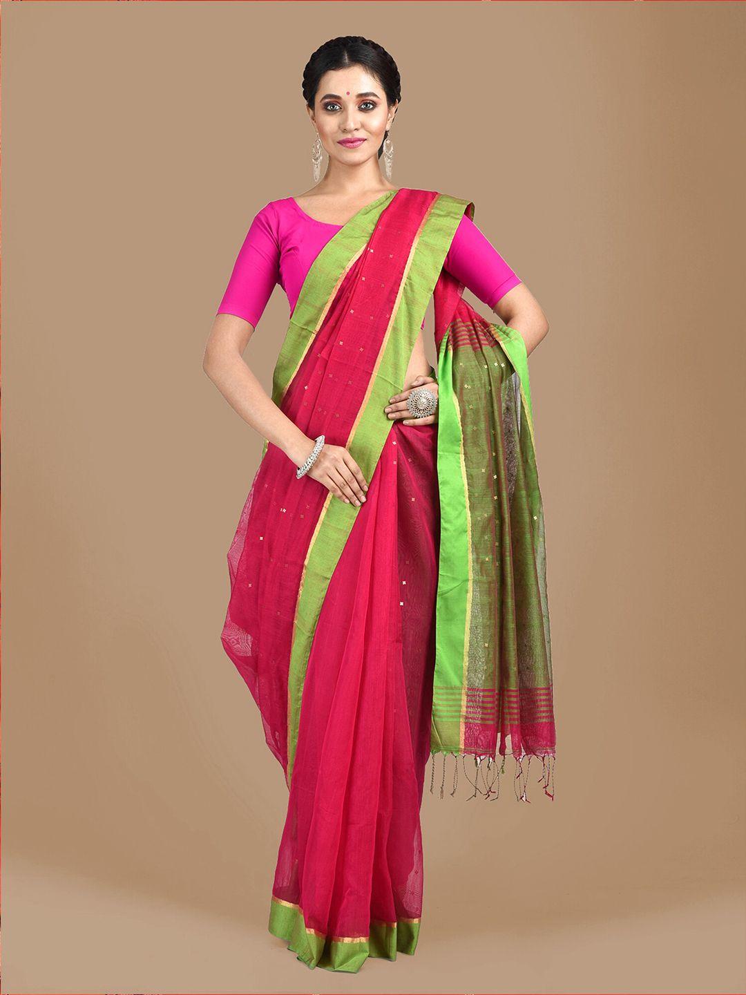 mitera pink & green embellished silk cotton saree