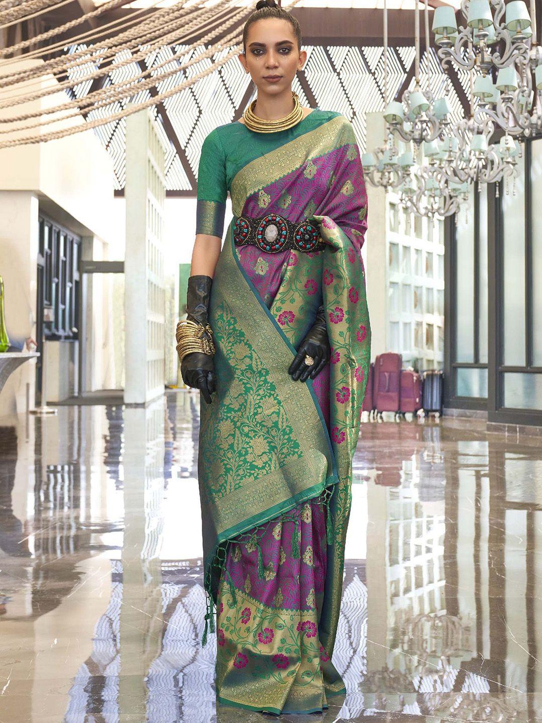 mitera pink & green ethnic woven design zari silk saree
