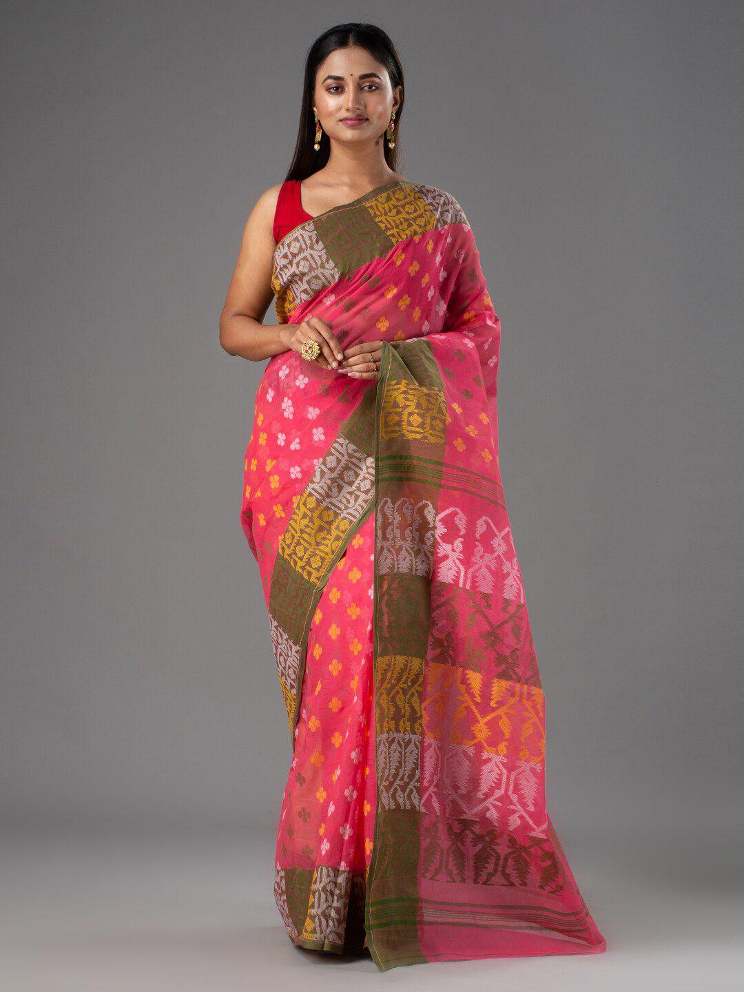 mitera pink & green floral printed pure cotton jamdani saree