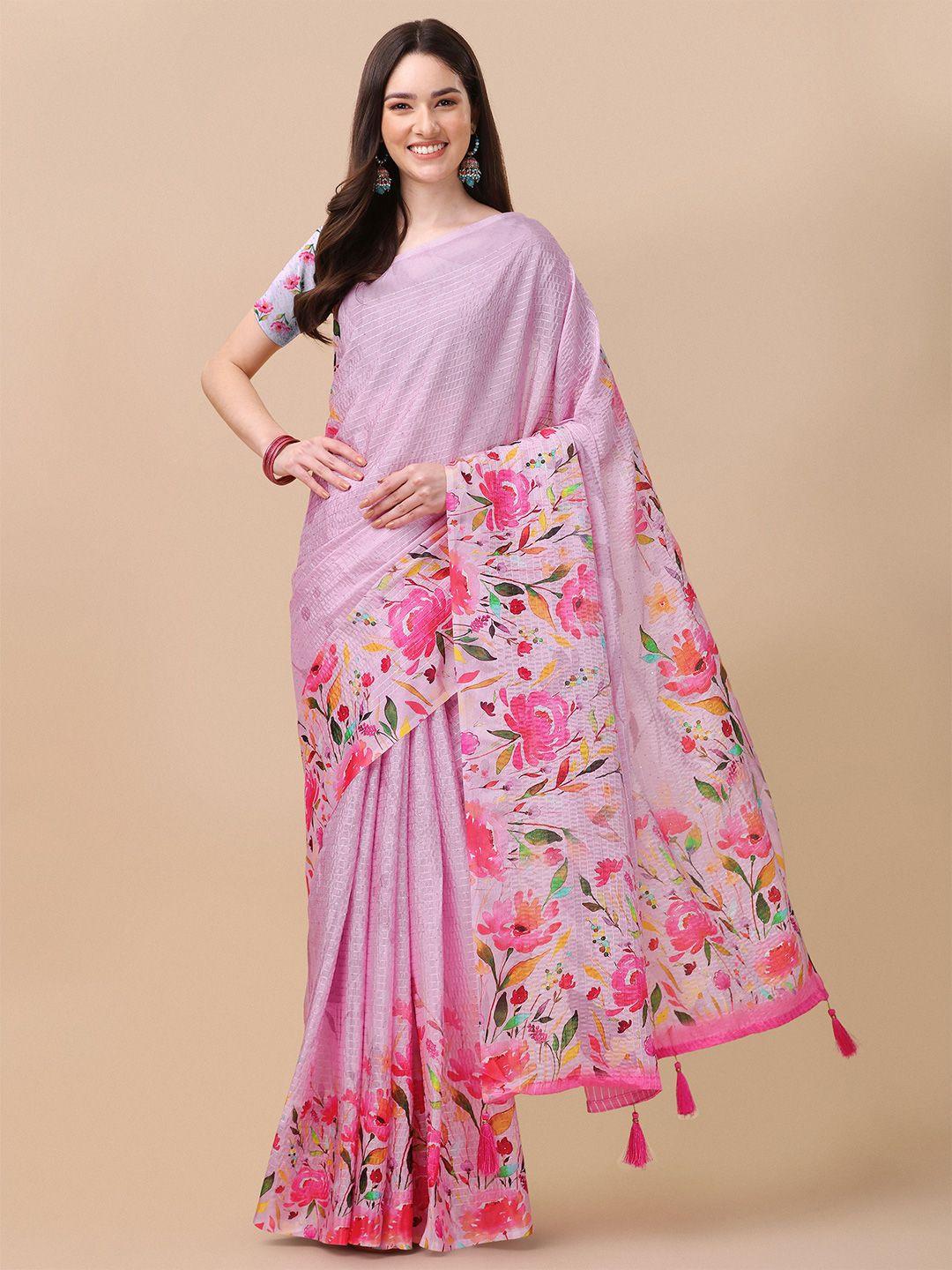 mitera pink & green floral printed saree