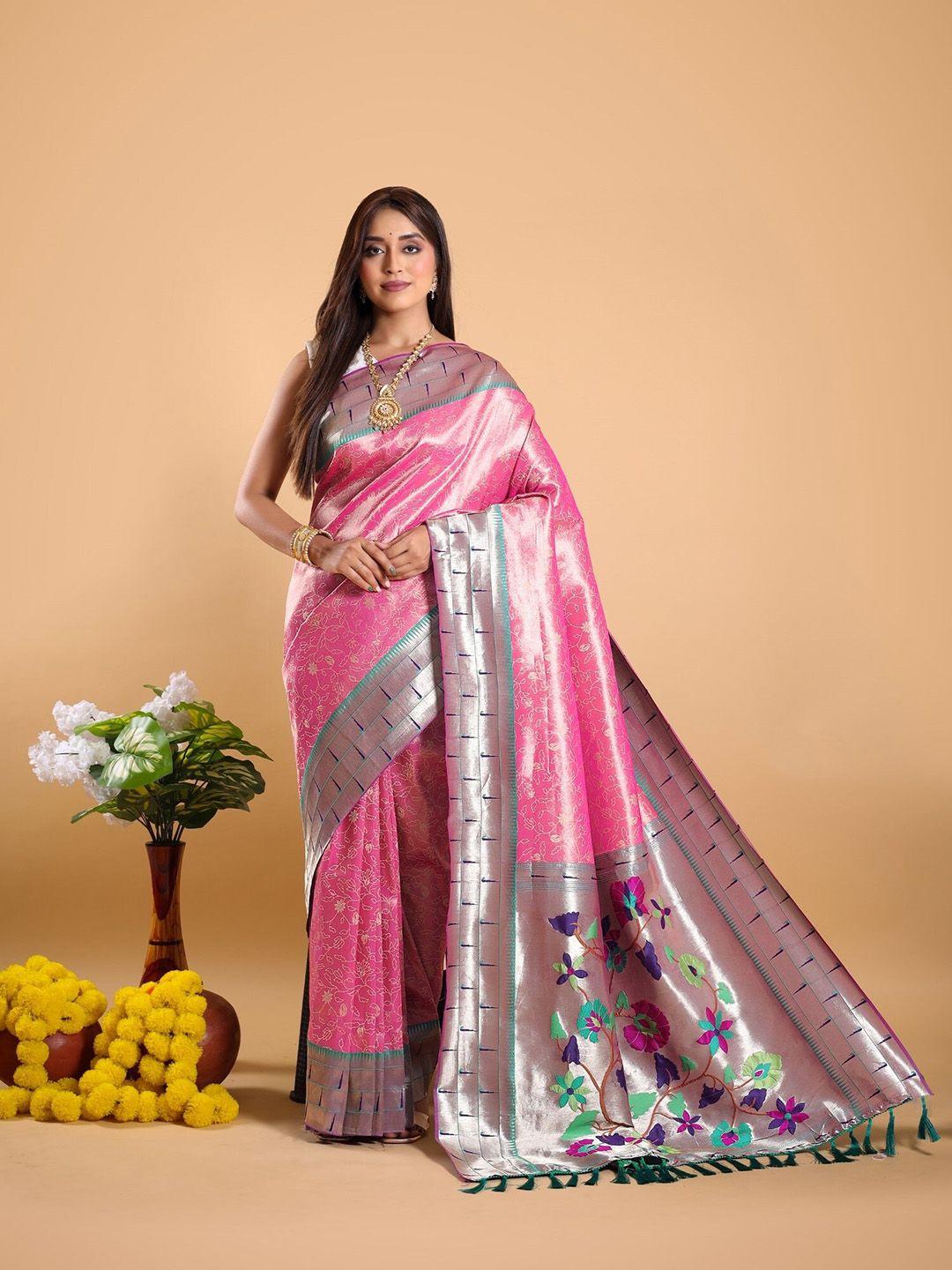 mitera pink & green floral printed zari paithani saree