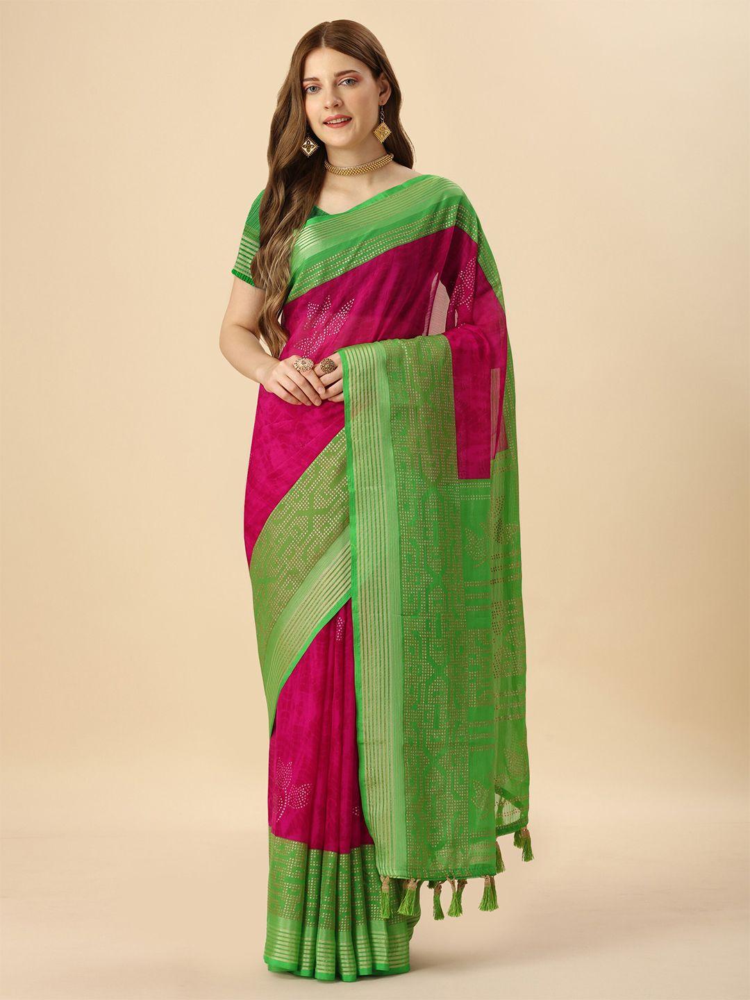 mitera pink & green floral printed zari pure chiffon saree