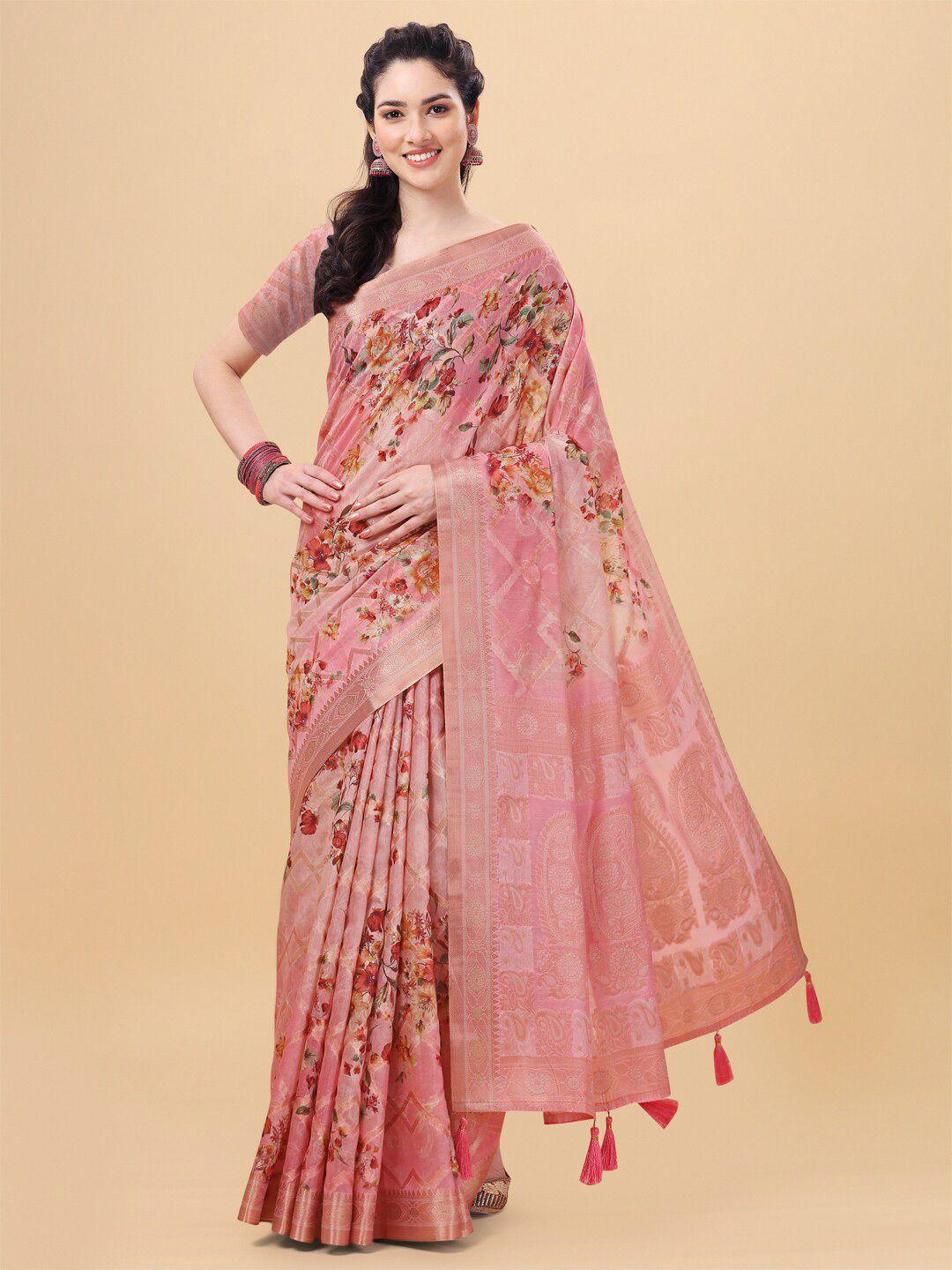 mitera pink & green floral silk blend saree