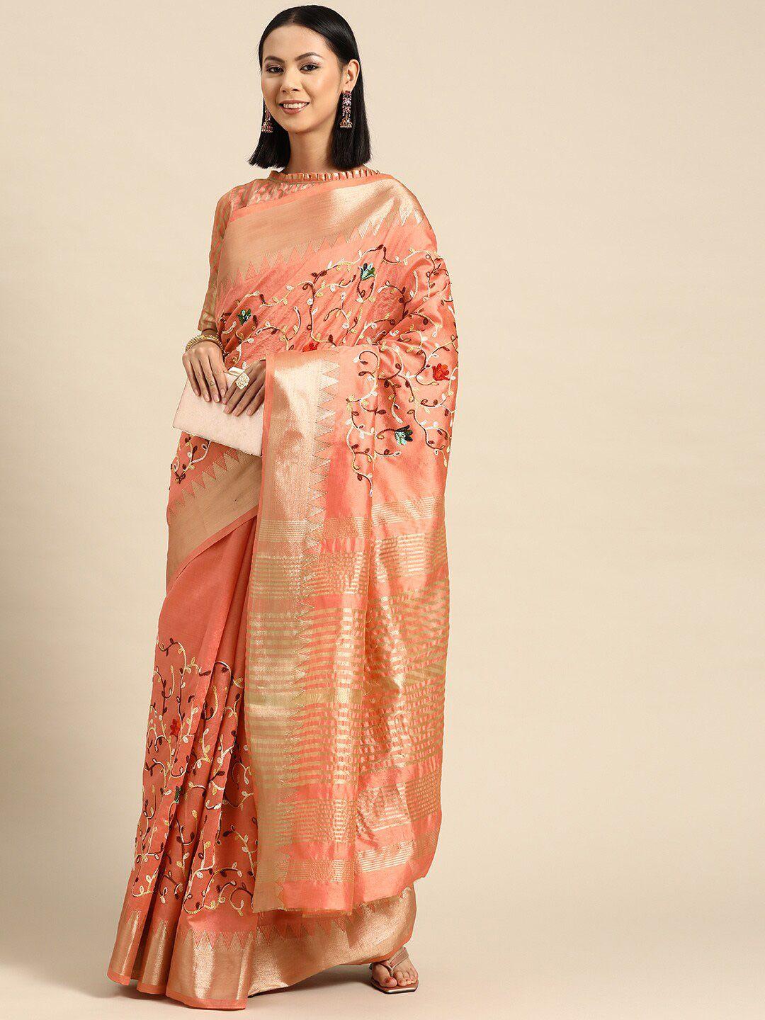 mitera pink & green floral zari silk cotton saree