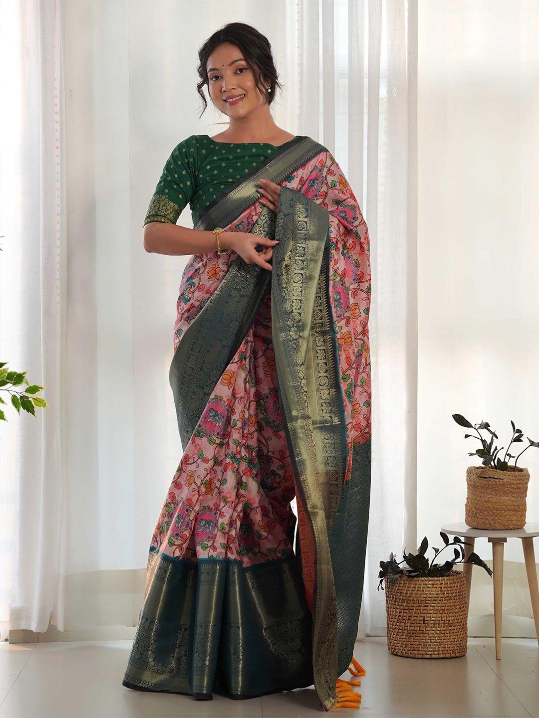 mitera pink & green kalamkari zari silk blend saree