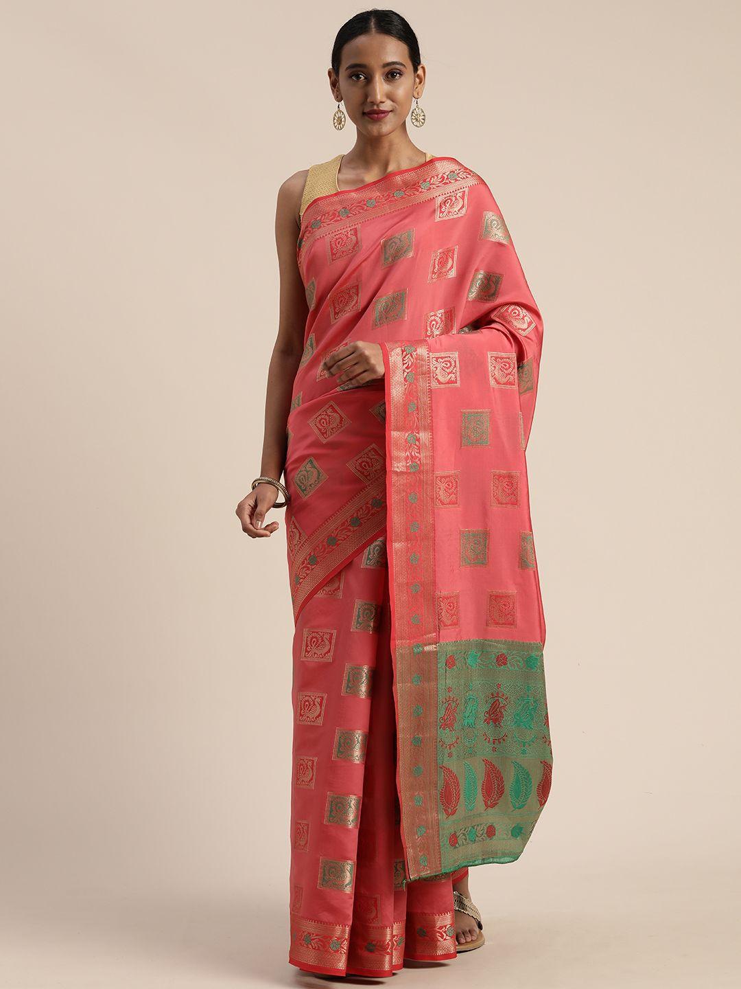 mitera pink & green poly silk woven design banarasi saree