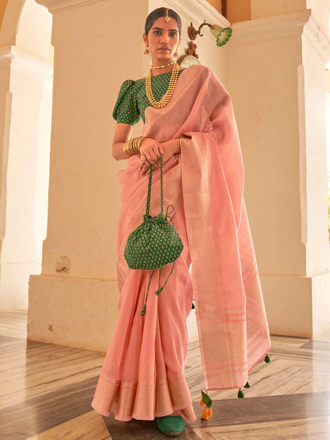 mitera pink & green zari tissue banarasi saree