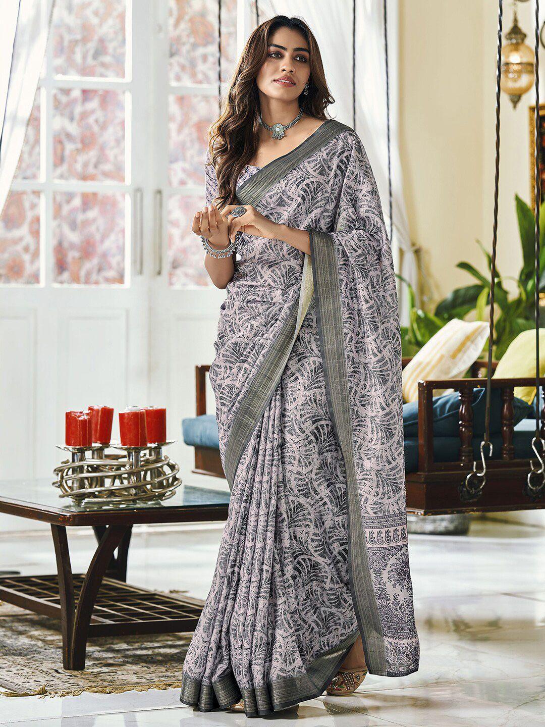 mitera pink & grey abstract digital printed zari saree