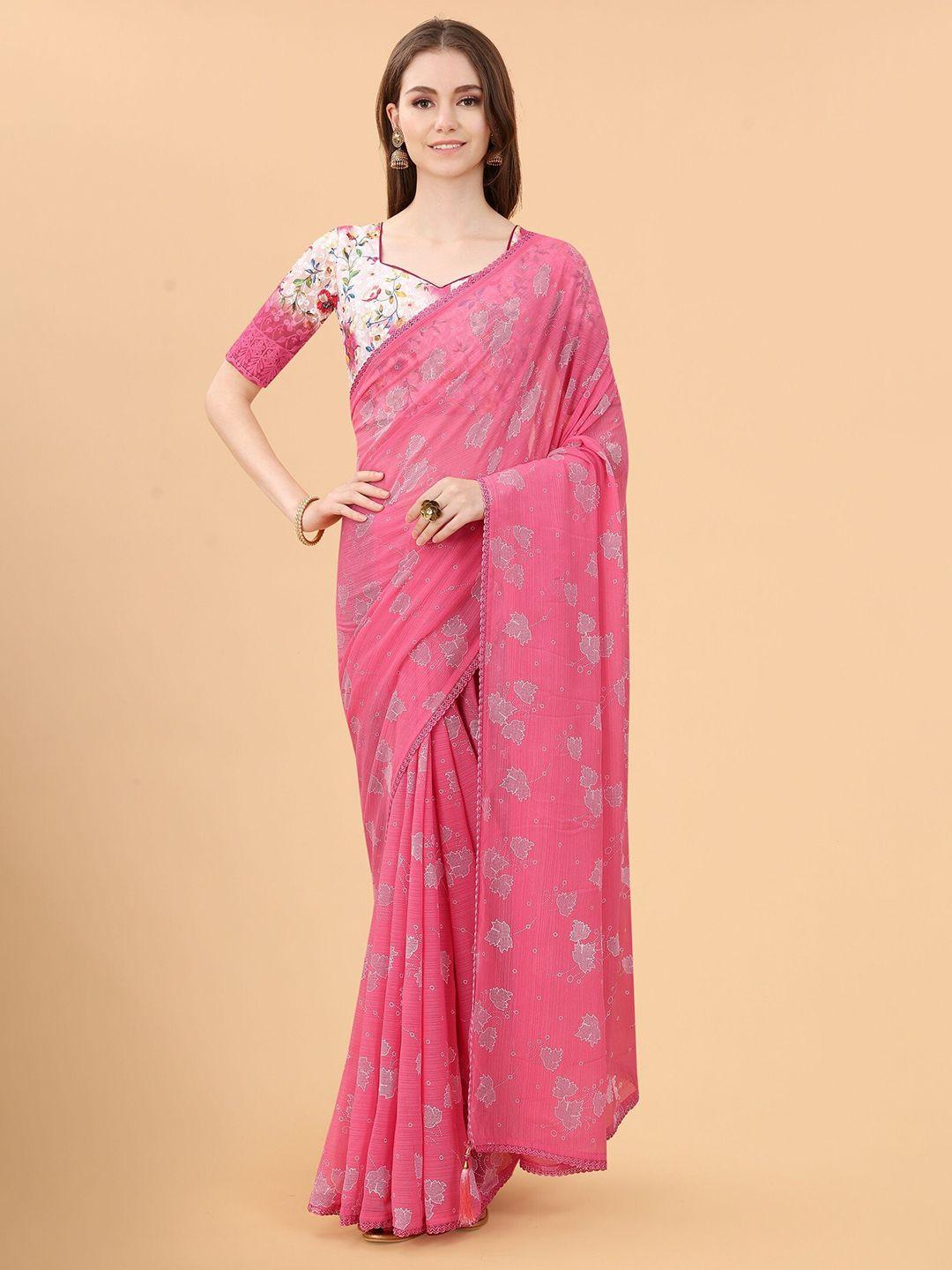 mitera pink & grey floral pure linen saree